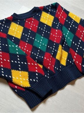 Vintage Liz Sport Navy Argyle Crewneck Sweater with Red, Yellow & Green Diamonds